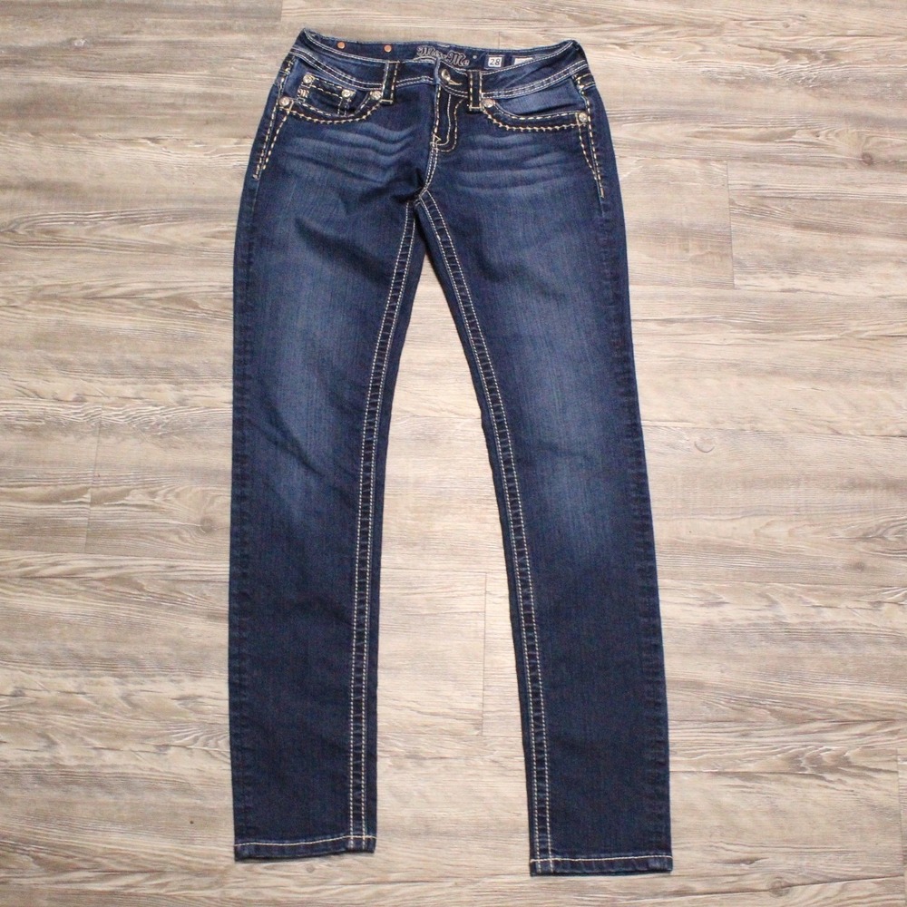Miss Me Jeans Women's 28 Skinny Blue Dark Wash Denim Rhinestone Flap Pocket
